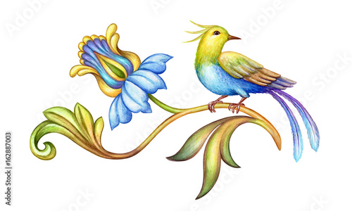 watercolor illustration  paradise bird  blue flower  acanthus  green leaves  antique design element  medieval floral ornament  vintage pattern  clip art isolated on white background