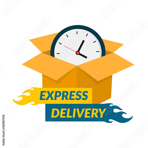 Express delivery icon. Cardboard box with clock. Vector illustration, flat design.