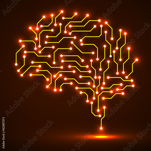 Technological neon brain. Circuit board. Abstract vector background