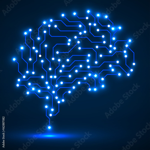 Technological neon brain. Circuit board. Abstract vector background