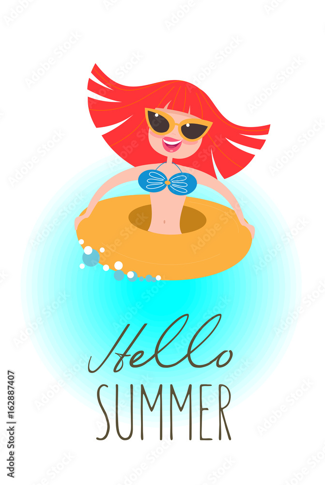 Naklejka premium Happy girl in rubber ring. Vacation at sea! The beach activities. Vector illustration.