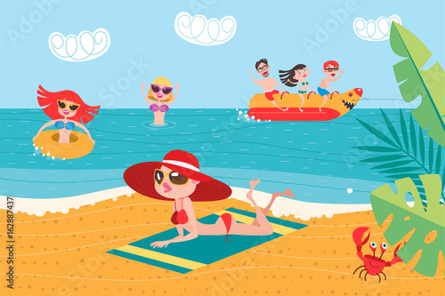 Happy people on vacation and take a ride on a banana boat. Girl with rubber ring for swimming. The girl sunbathes on the beach. Vacation at sea! The beach activities.