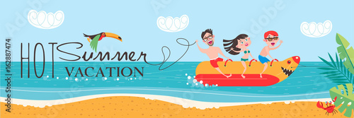 Hot summer vacation! Beach activities, banana boating, swimming in the sea. Vector illustration in flat style.