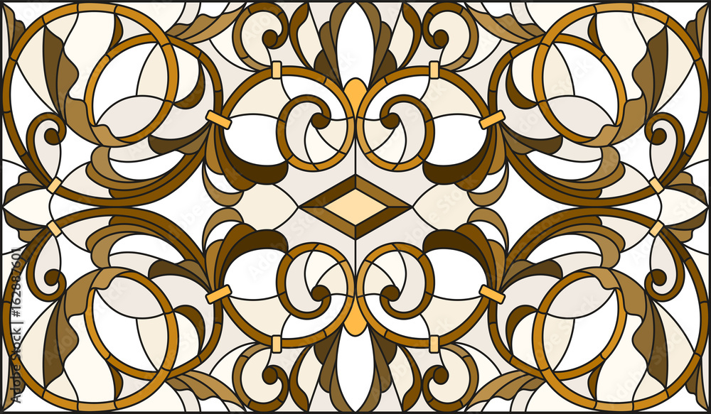 Illustration in stained glass style with abstract swirls and leaves on a light background,horizontal orientation, sepia Illustration in stained glass style with abstract swirls and leaves on a light background,horizontal orientation, sepia