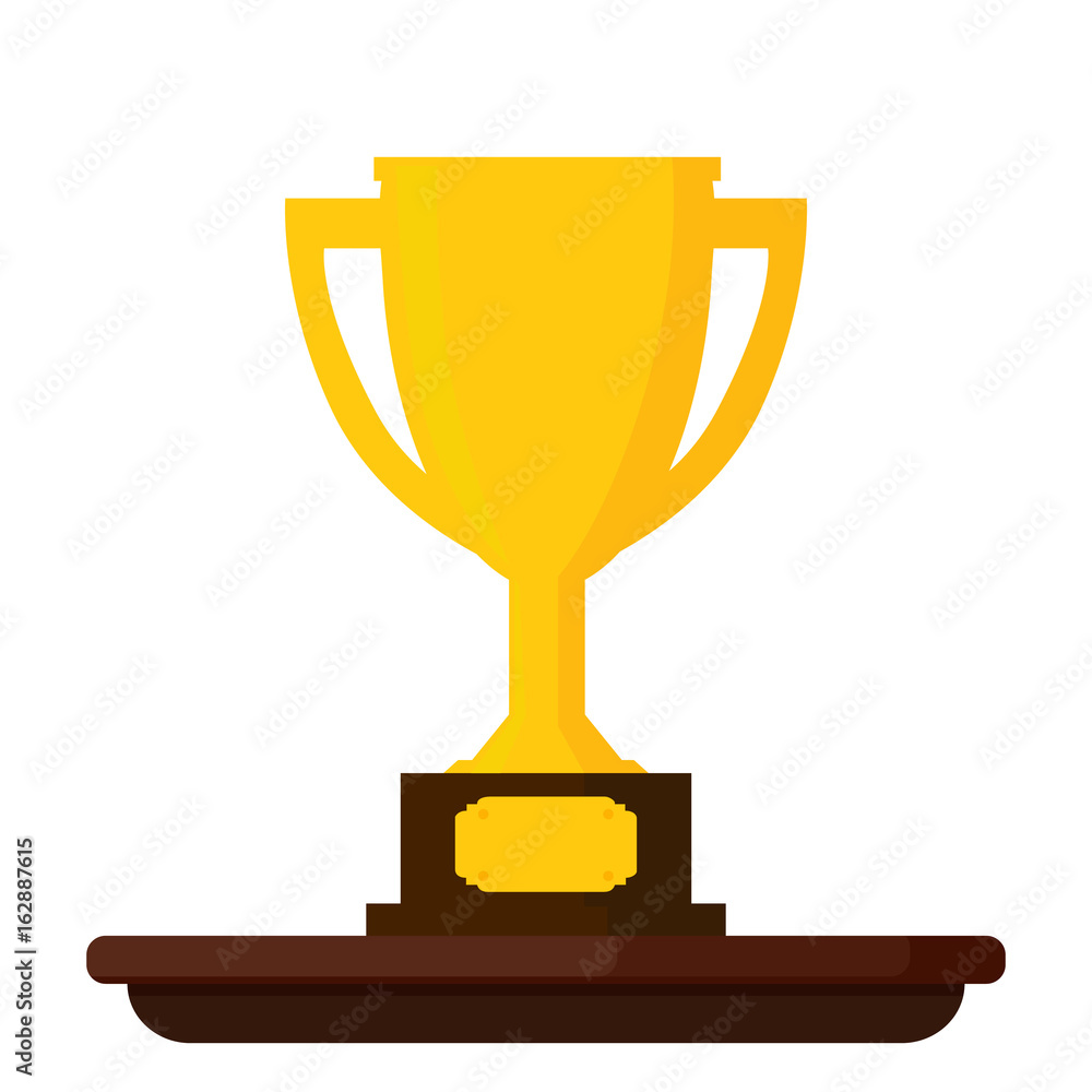 Gold trophy cup standing on a wooden table isolated on white background. Vector illustration icon. Gold trophy cup standing on a wooden table isolated on white background. Vector illustration icon.