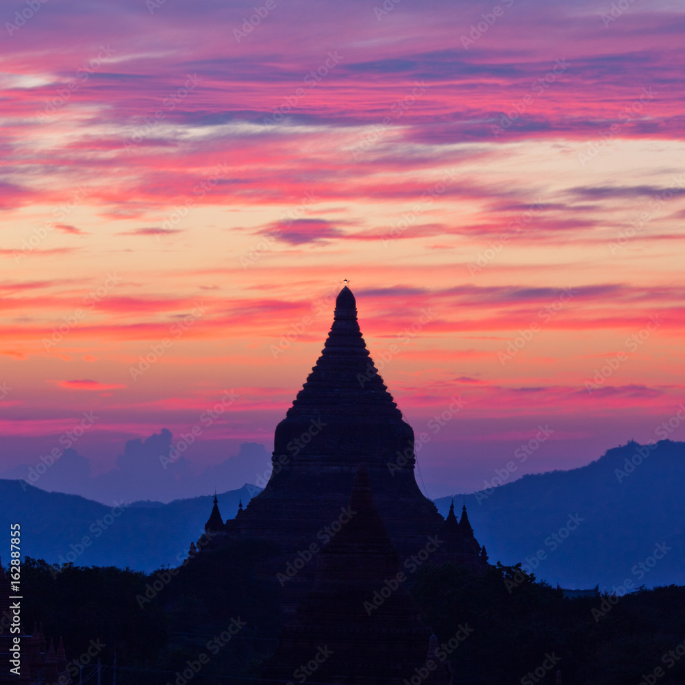 Beautiful sunset and Silhouette of ancient Pagoda in Bagan Archaeological Zone, Myanmar