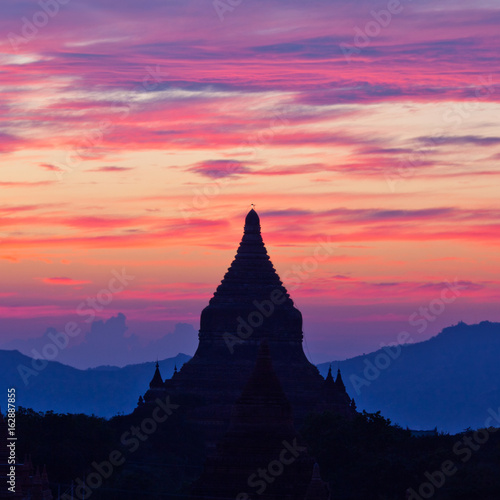 Beautiful sunset and Silhouette of ancient Pagoda in Bagan Archaeological Zone  Myanmar