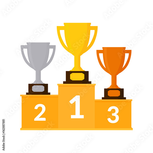 Vector illustration winners podium with trophy cups. Isolated on white background. Flat design.