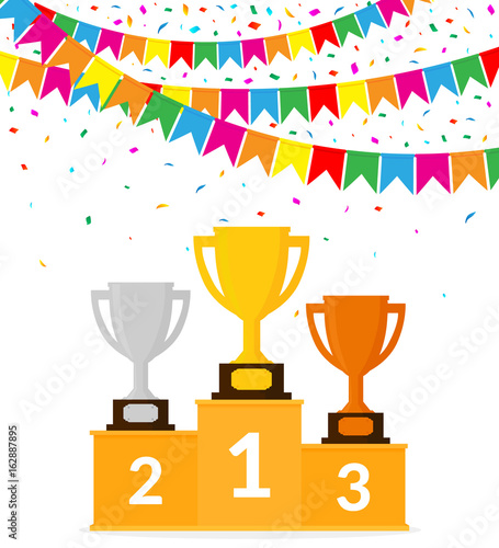 Winners Podium with Trophy Cups. Colorful Garland and Confetti. Victory Celebration. Vector Illustration. Flat Style.