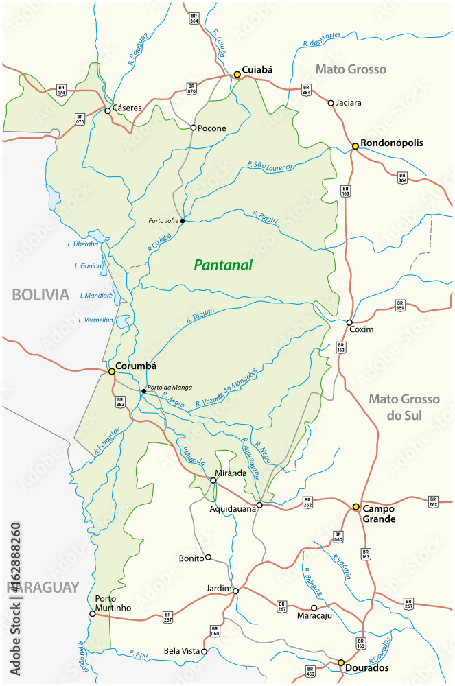 Map Pantanal, the largest tropical wetland in the world, Brazil