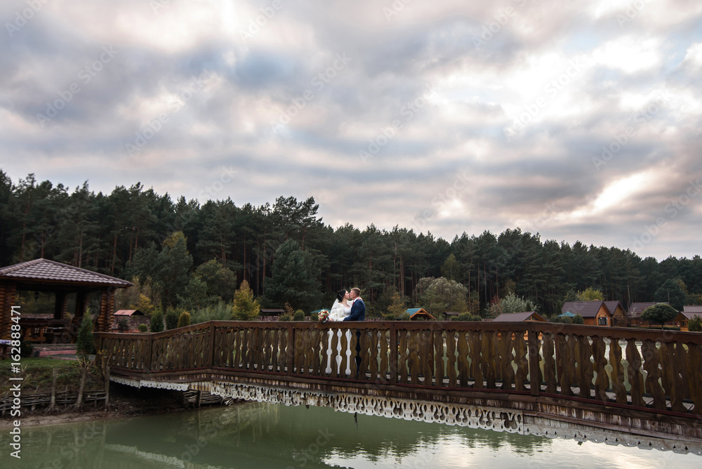 Fototapeta premium loving wedding couple kissing on the bridge near lake. Wedding couple in love on wedding day