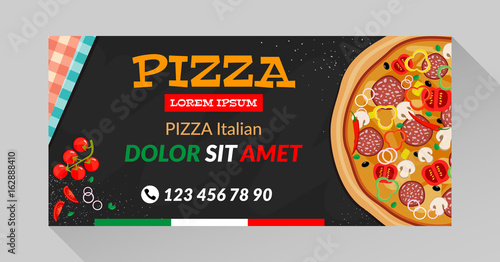 Vector pizza flyer with black background. Vector illustration with long shadow.