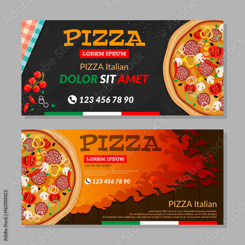 Two Horizontal vector flyers with pizza and fire on wood background. Wooden fire. Vector illustration.