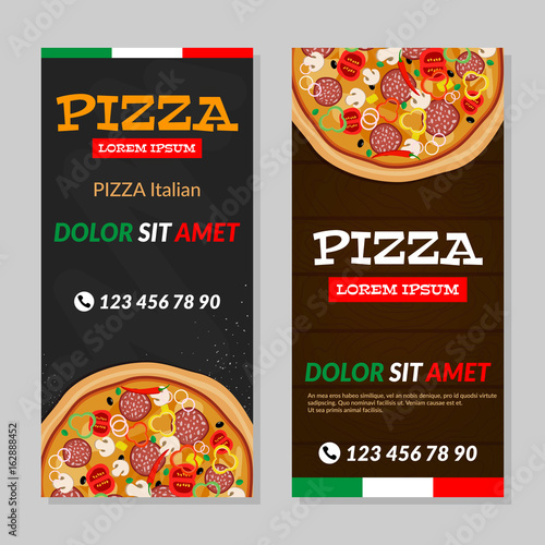 Two vertical vector flyers with pizza on wooden and black background. Vector illustration.