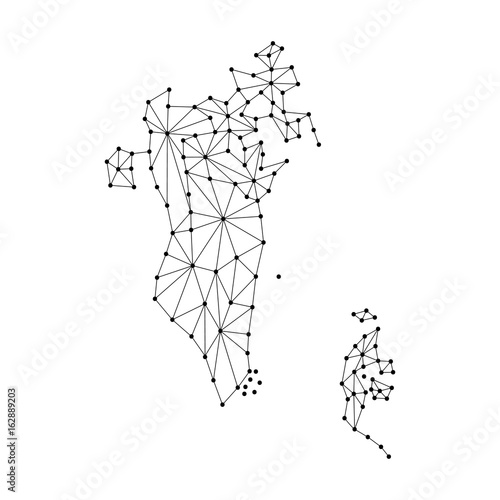 Bahrain map of polygonal mosaic lines network, rays and dots vector illustration.