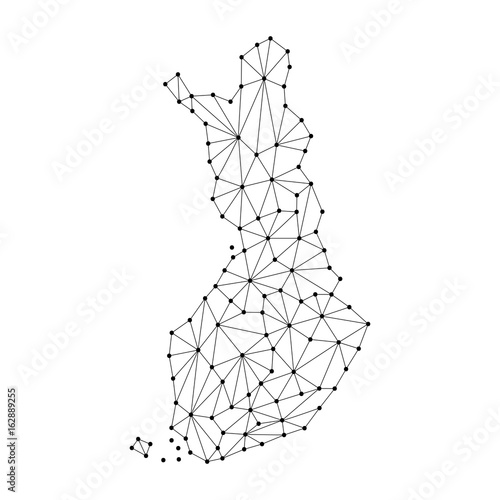 Finland map of polygonal mosaic lines network, rays and dots vector illustration.