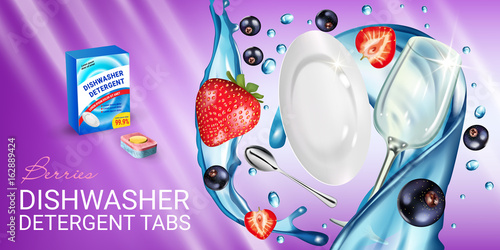 Berries fragrance dishwasher detergent tabs ads. Vector realistic Illustration with dishes in water splash, strawberry and blackcurrant. Horizontal banner