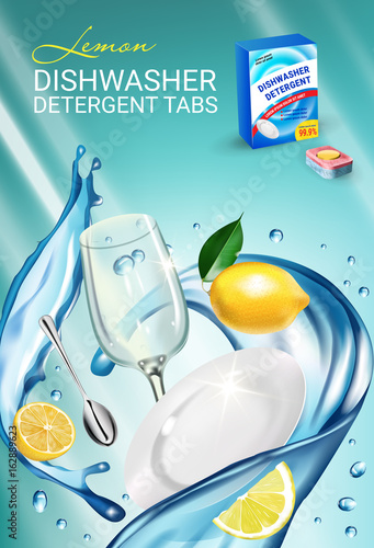 Lemon fragrance dishwasher detergent tabs ads. Vector realistic Illustration with dishes in water splash and citrus fruits. Vertical poster