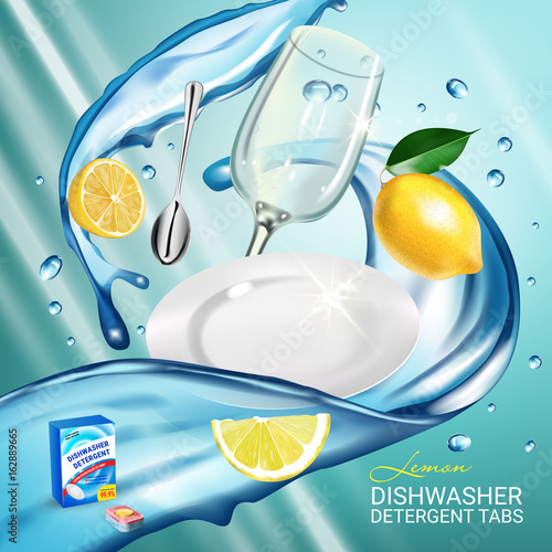 Lemon fragrance dishwasher detergent tabs ads. Vector realistic Illustration with dishes in water splash and citrus fruits. Poster