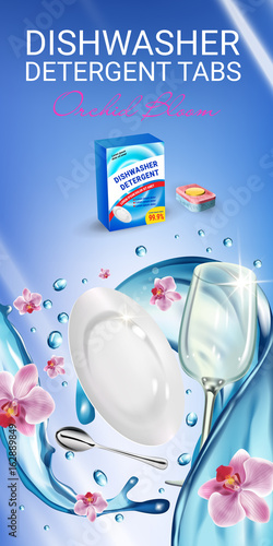 Orchid fragrance dishwasher detergent tabs ads. Vector realistic Illustration with dishes in water splash and flowers. Vertical banner