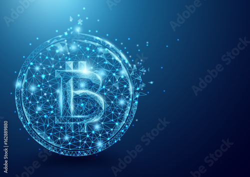 Wireframe bitcoin mesh from a starry on blue background. Business and technology concept
