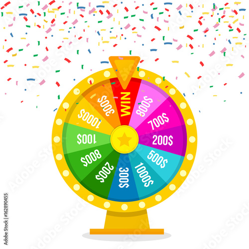 Wheel of fortune and confetti. Vector illustration. Flat design. EPS 10.