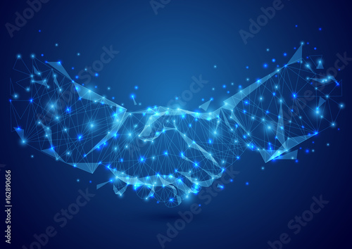 Wireframe handshake mesh from a starry on blue background. Business concept