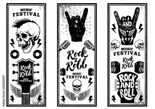 Rock and roll party flyers template. Vintage guitars, punk skull, rock and roll sign on grunge background. Vector illustration