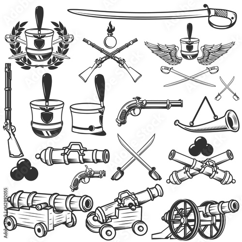 Old weapons, muskets, sabers, cannons, cores, hussar headgear. Design elements for logo, label, emblem, sign. Vector illustration