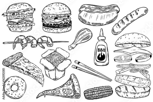 Set of hand drawn fast food illustrations. Burger, pizza, hot dog, china food, grilled corn, shrimps,donuts. Design elements for menu, poster