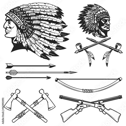 Set of native american indians chiefs heads. National american indians headdress, bow, arrows, smoking pipe, tomahawk. Vector illustration