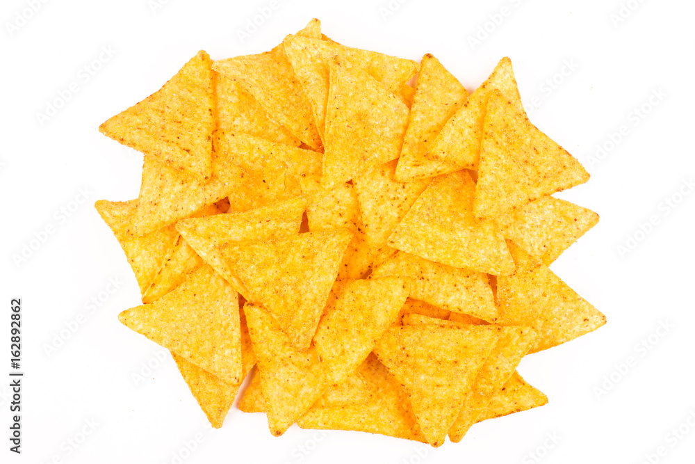 top view of nachos snacks pile isolated on white