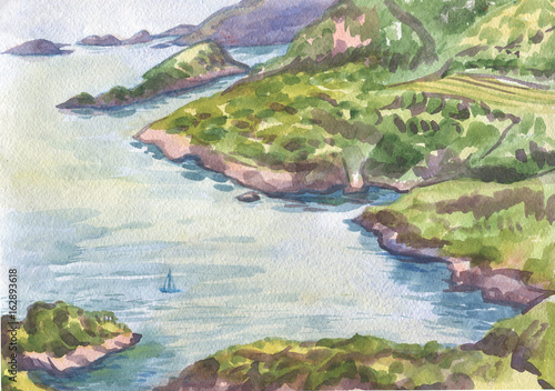 Fototapeta Naklejka Na Ścianę i Meble -  Islands in the sea. Watercolor painting
