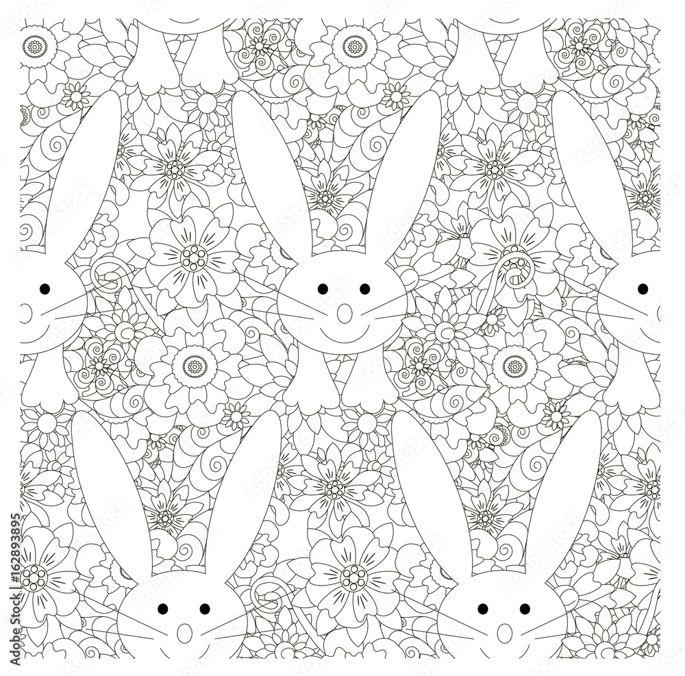Fototapeta premium Seamless floral with hares, rabbits monochrome pattern stock vector illustration