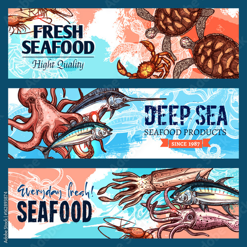 Vector banners seafood market or fish restaurant