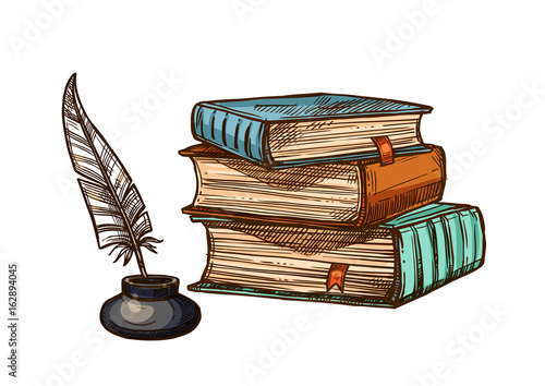 Vector old books and ink feather quill pen