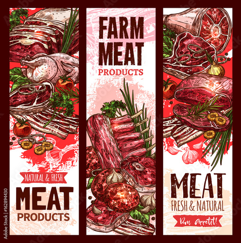 Vector raw fresh farm meat banners for butchery