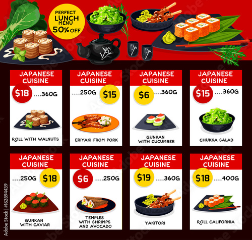 Japanese cuisine vector menu price cards template photo