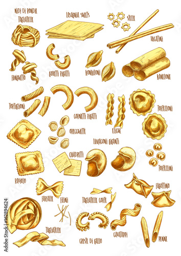 Italian pasta names vector sketch icons set