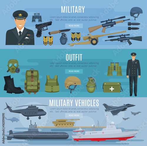 Vector banners military forces vehicles and outfit