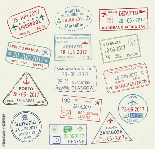 Vector icons of world travel city passport stamps