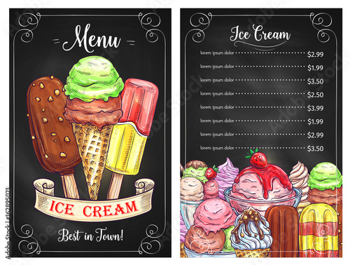 Vector price menu for ice cream desserts cafe