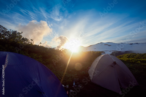 camping into unbelievable morning mountains of Kamchatka