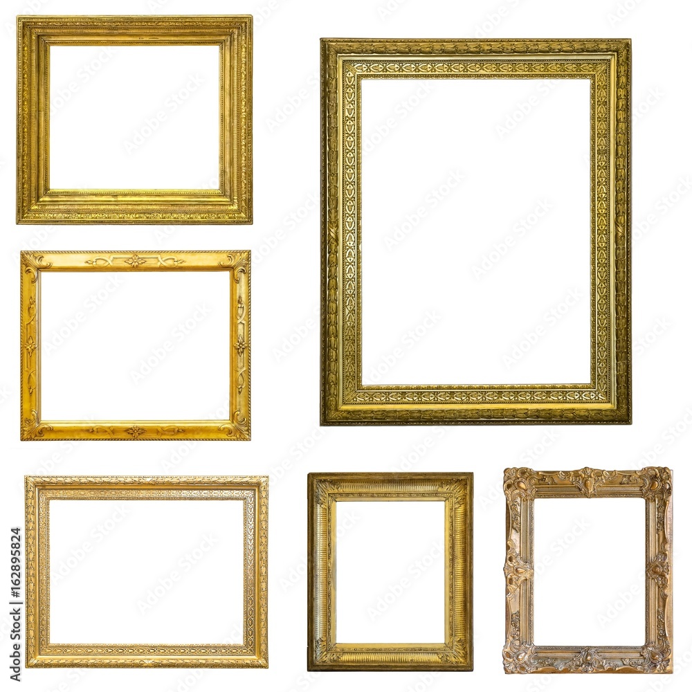 Set of gilded (gold)  frames isolated on white - obrazy, fototapety, plakaty 