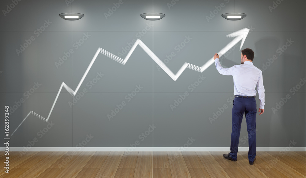 Businessman drawing arrow sketch on a wall 3D rendering Businessman drawing arrow sketch on a wall 3D rendering