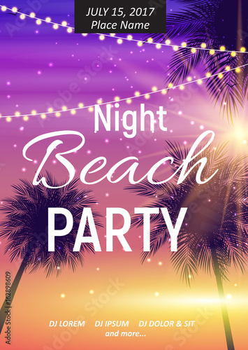 Summer Night Beach Party Poster. Tropical Natural Background  wi