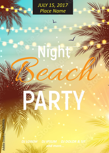 Summer Night Beach Party Poster. Tropical Natural Background  wi