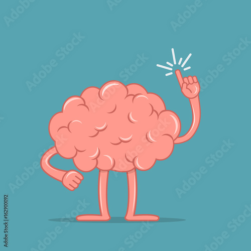 Cartoon brain holding up his index finger and giving advice. Isolated character of the brain in flat style.