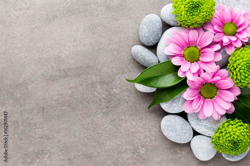 Spa stones and flowers on grey background.