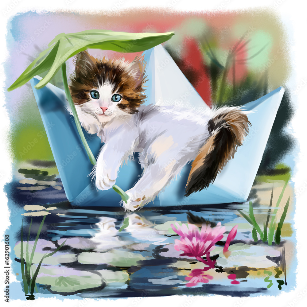 Obraz Kociak w łodzi papieru pływające po stawie